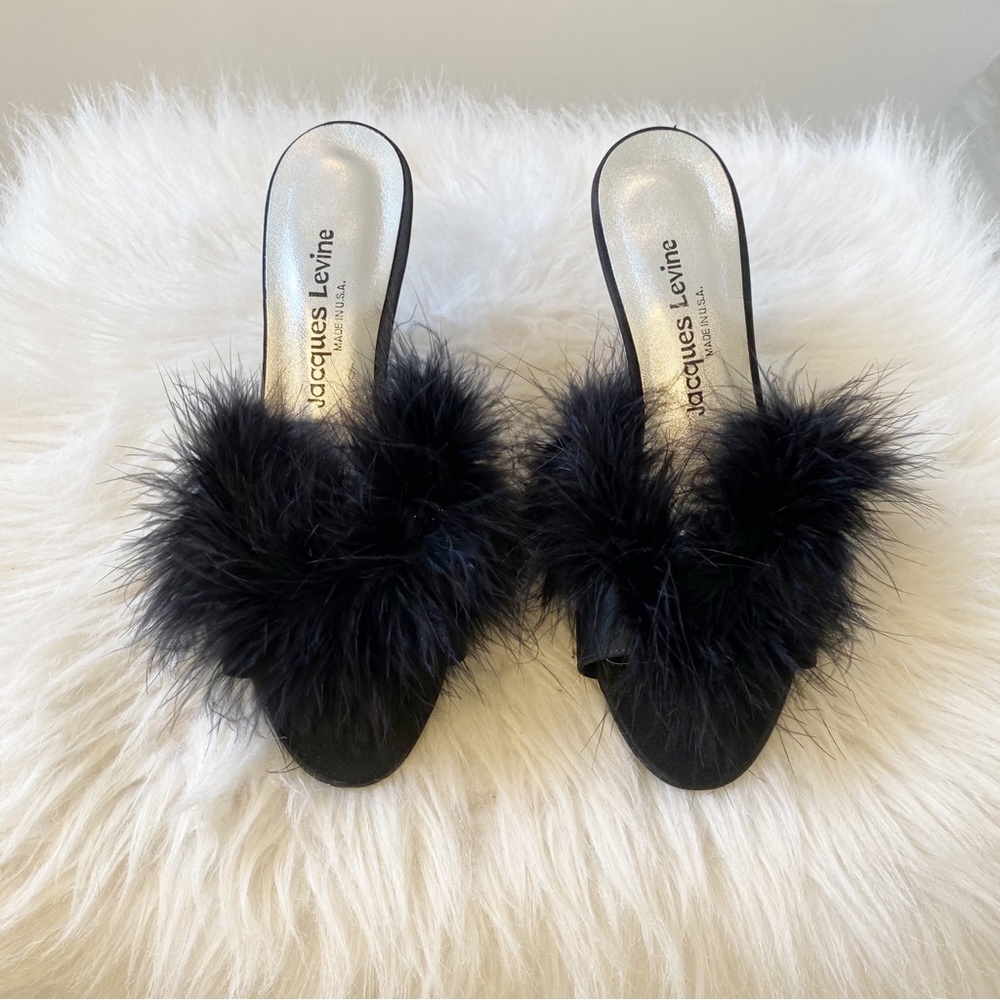 Jacques Levine Sz 7M Black Feather Heels Mules Vintage - Picture 5 of 10